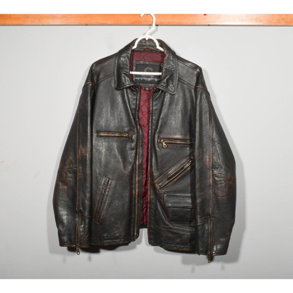 Vintage Structure Heavy Brown Leather Zip Up Car Driving Coat Jacket Sz XL - Picture 2 of 8